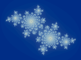Julia fractal with mirrored electric loops and bright contrast.